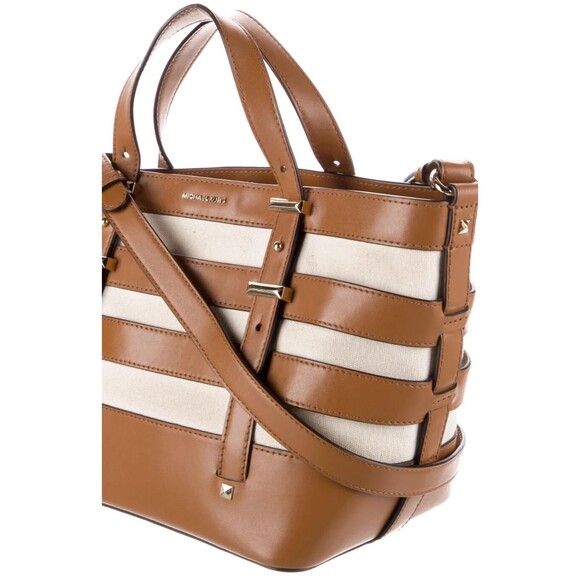 DESIGNER MICHAEL KORS CANVAS LEATHER TRIM STRIPED GOLD TONE HARDWARE TOTE - Picture 10 of 13